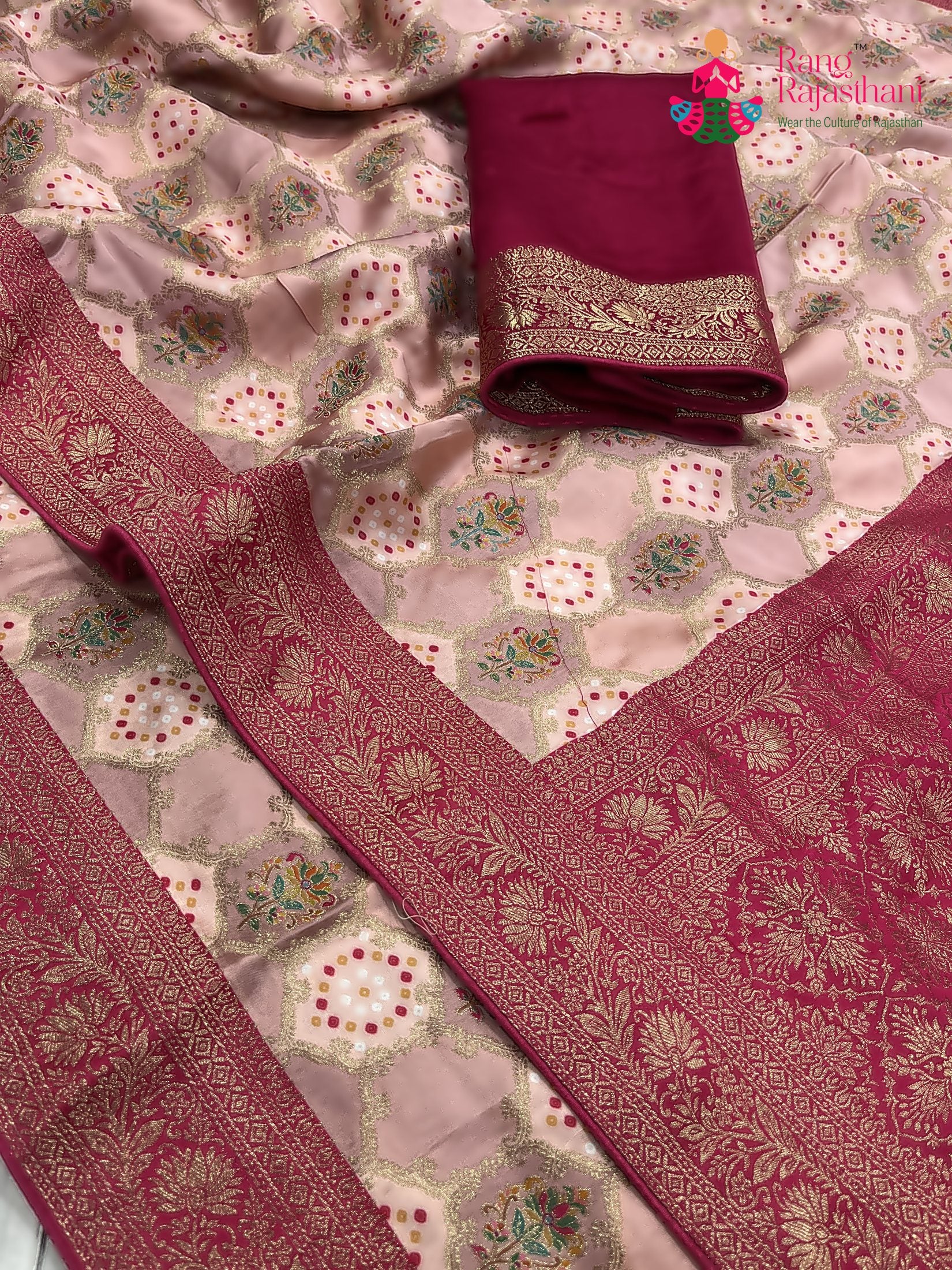 close up detailing of pink art silk meenakari zari saree 