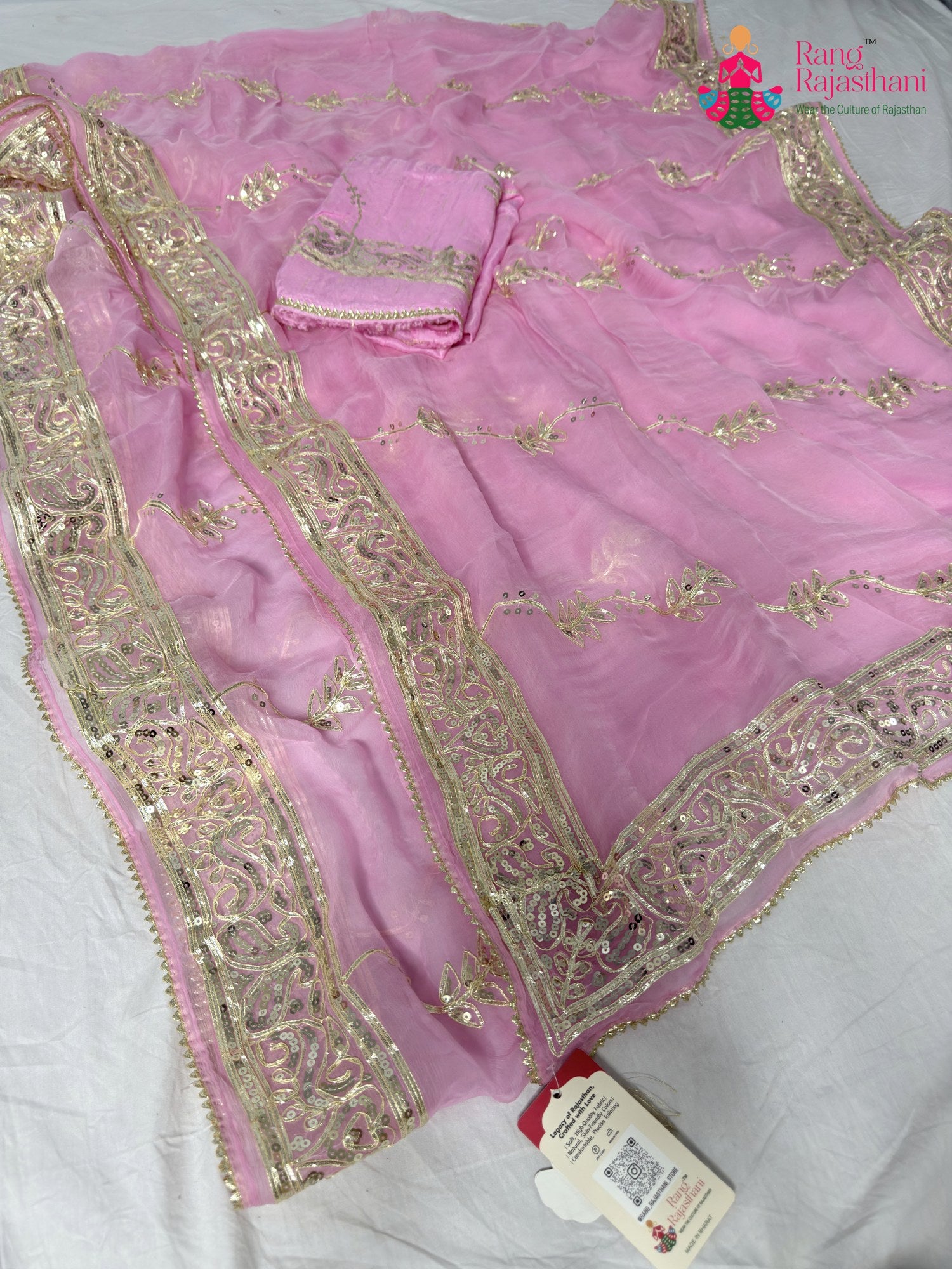 complete look of pink chiffon gota patti saree