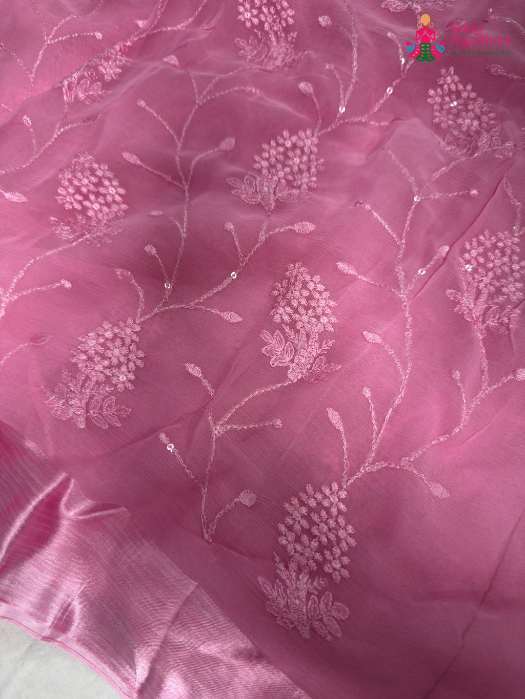 pink chiffon resham embroidery saree by Rang Rajasthani