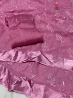 design pattern of pink chiffon resham embroidery saree
