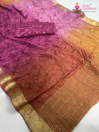 pallu detailing of pink chinnon resham embroidery saree