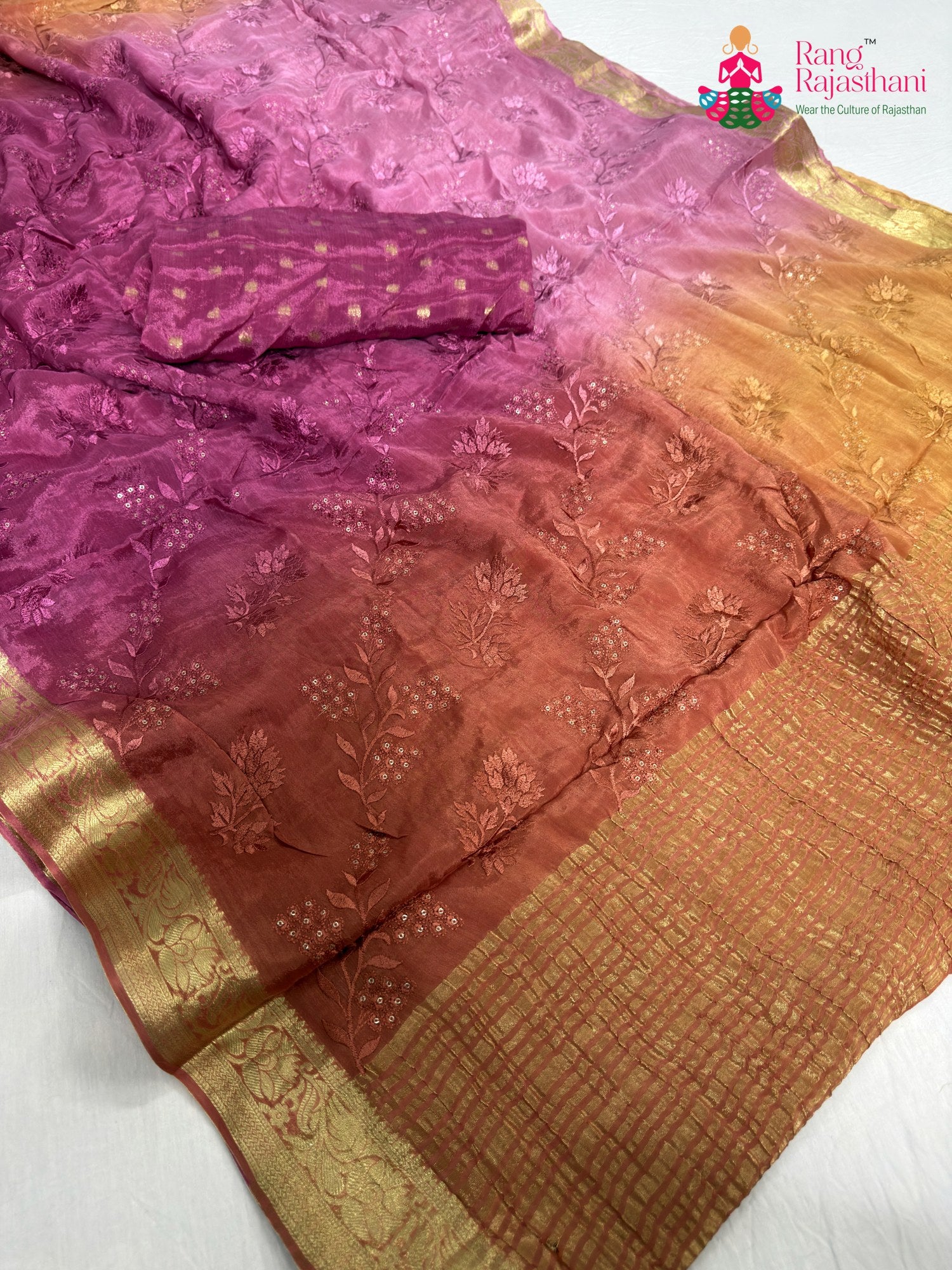pallu detailing of pink chinnon resham embroidery saree