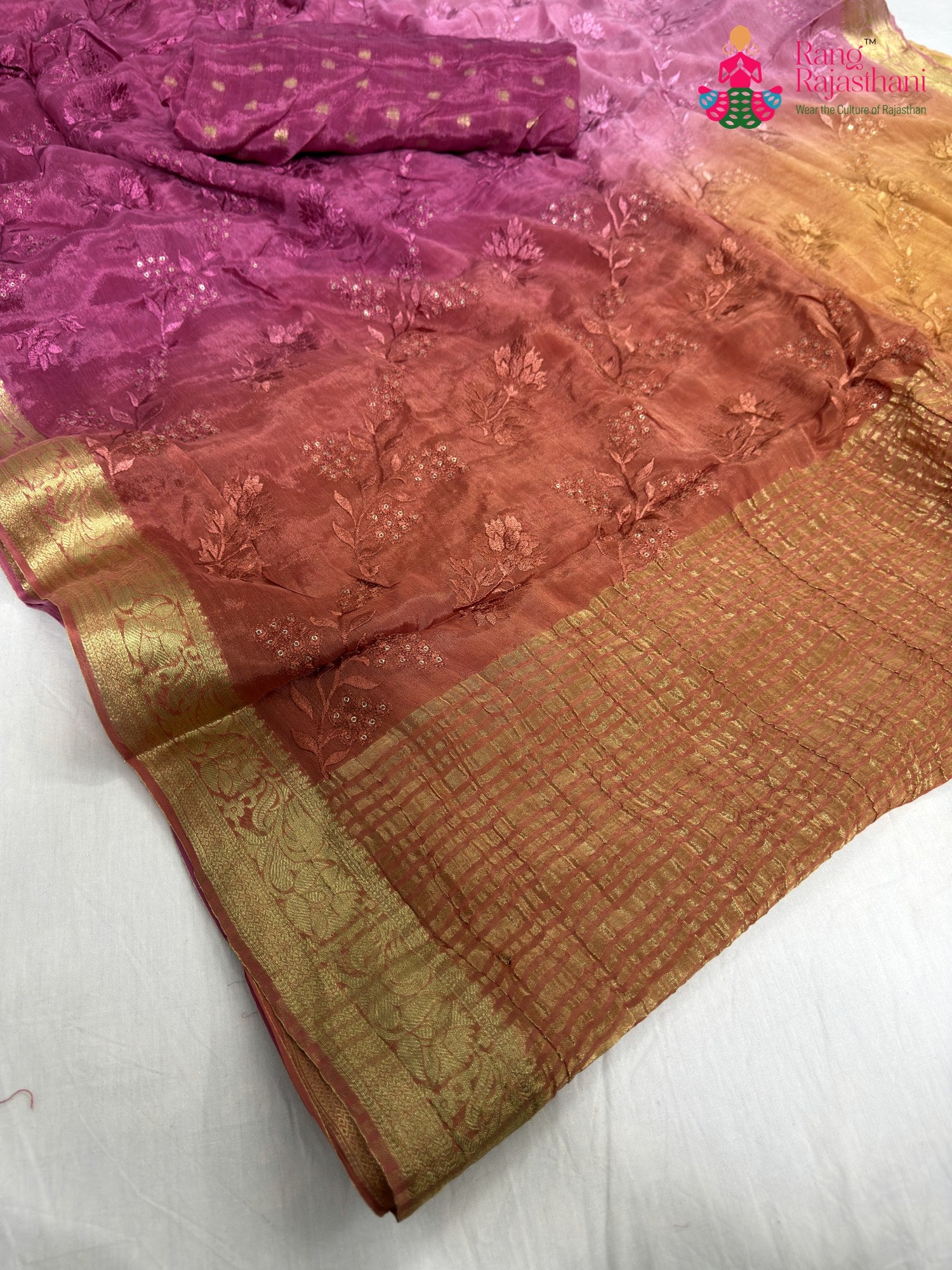 close up detailing of pink chinnon resham embroidery saree