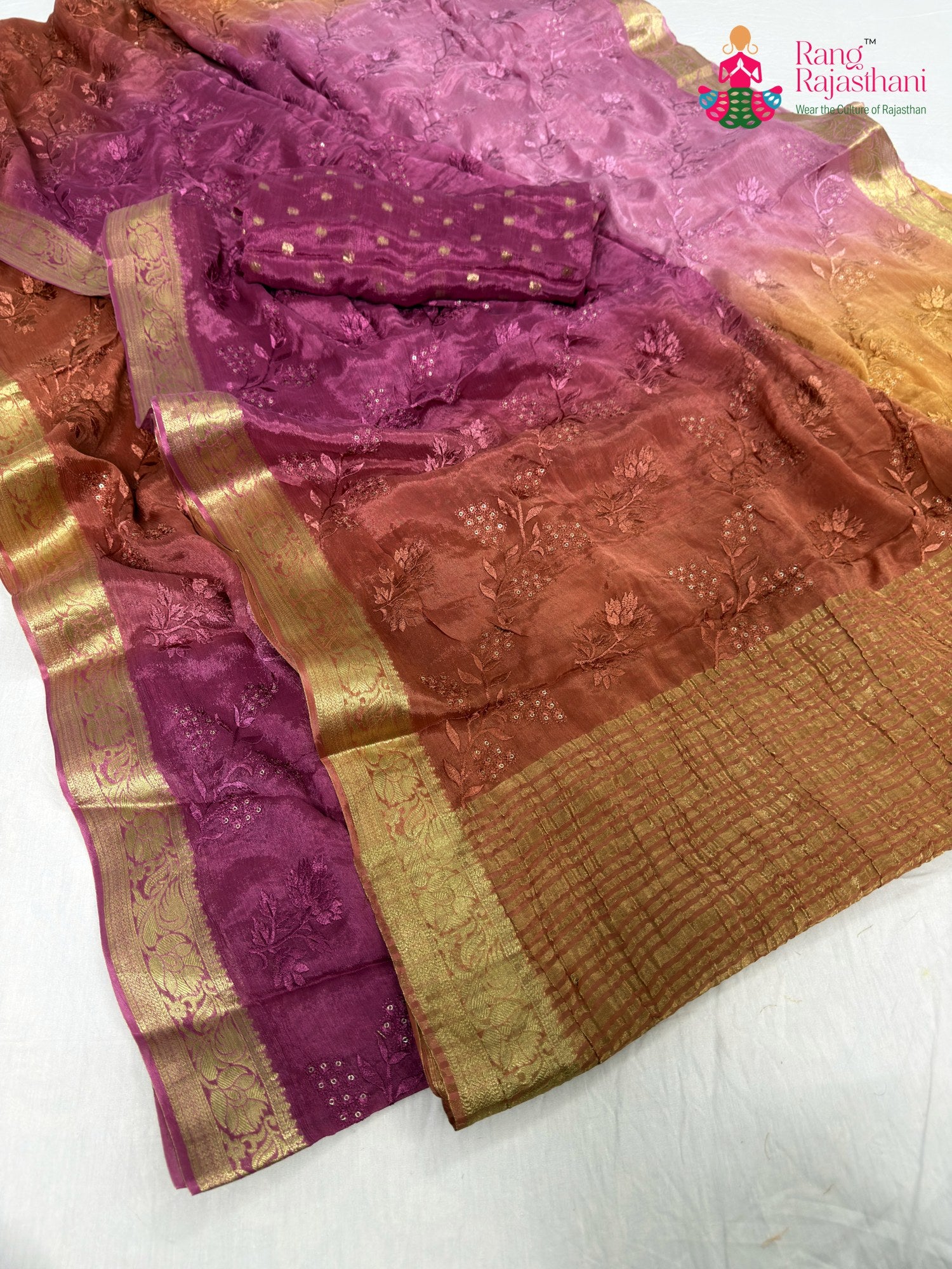 complete look of pink chinnon resham embroidery saree