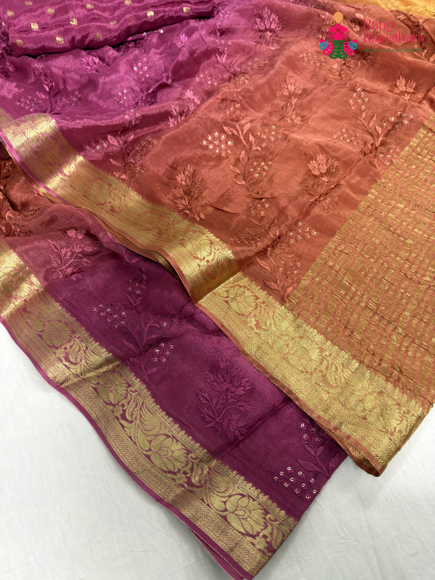 border detailing of pink chinnon resham embroidery saree
