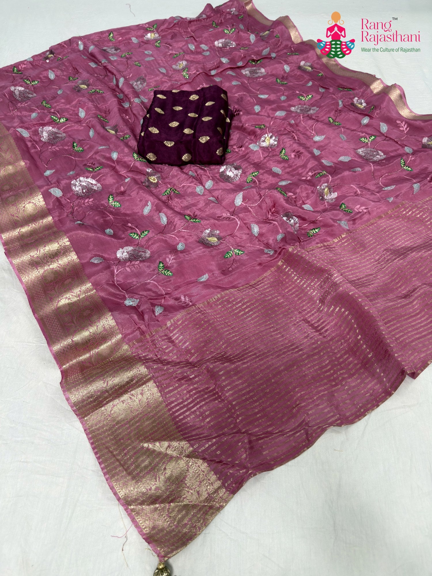pink chinnon sequin saree for bridal wear by Rang Rajasthani