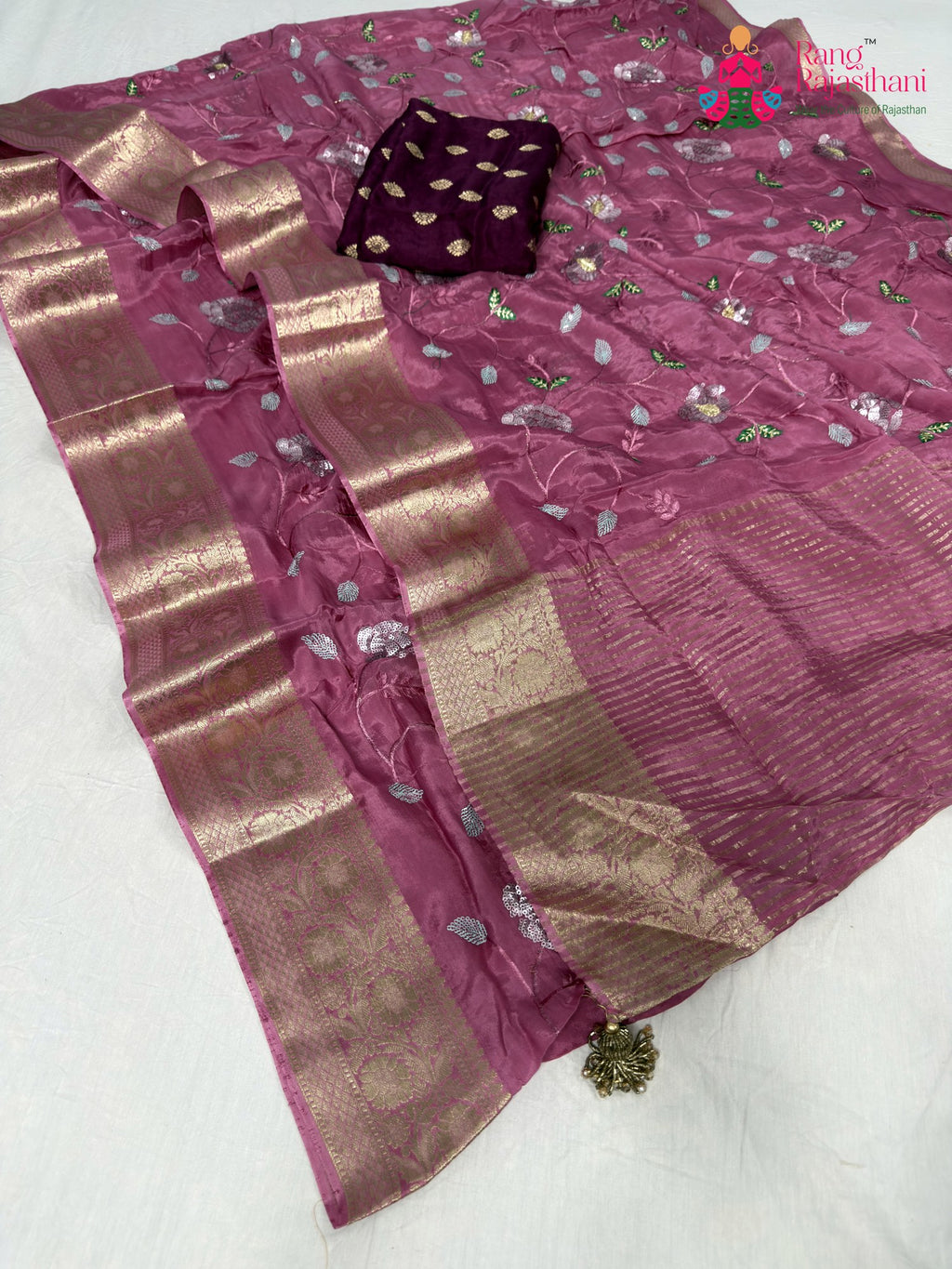 close up detailing of pink chinnon sequin saree