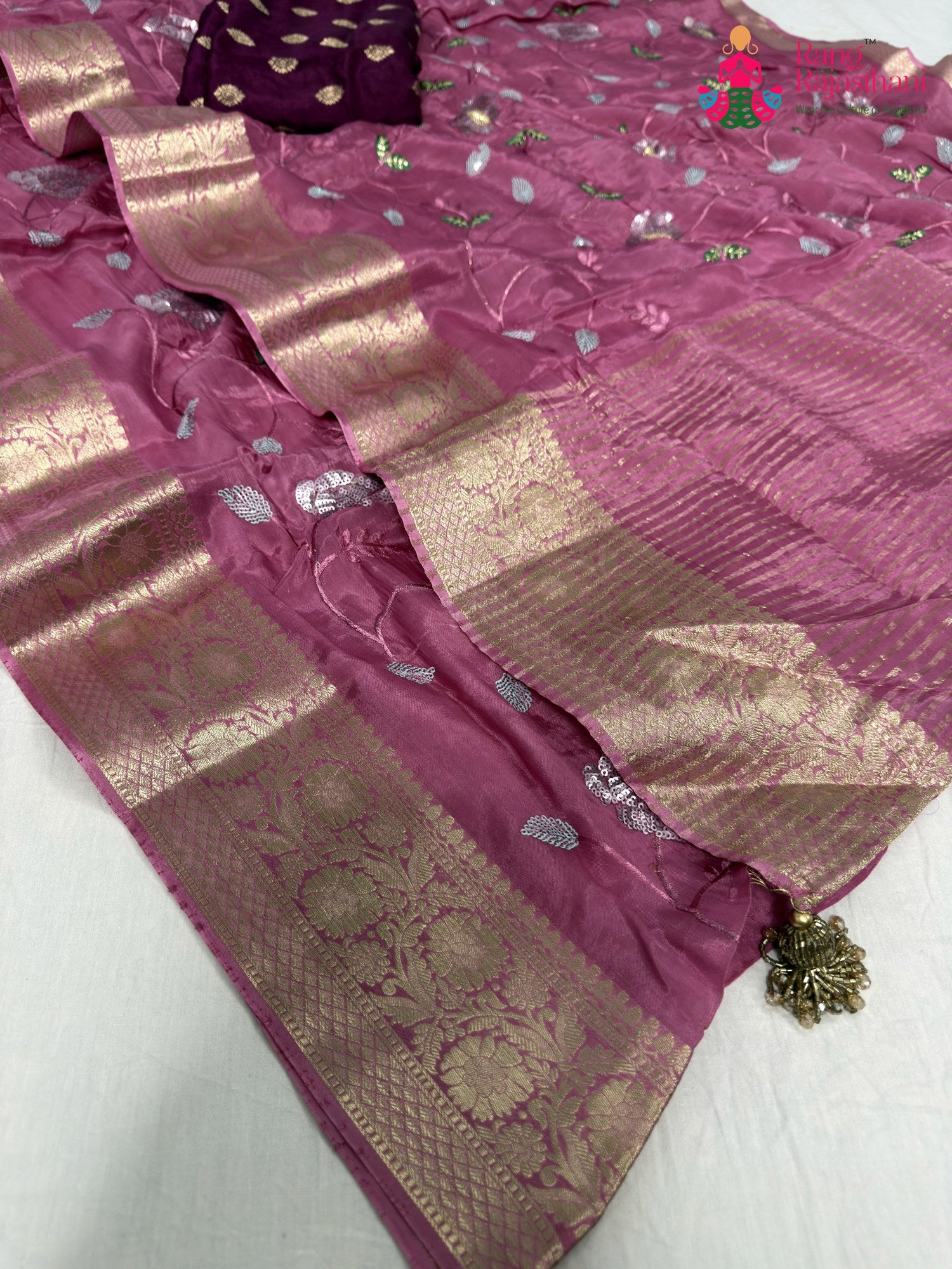 complete look of pink chinnon sequin saree