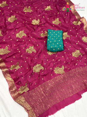 Pink Chinnon Zari Embroidery Saree for Mehendi Ceremony | Buy Today