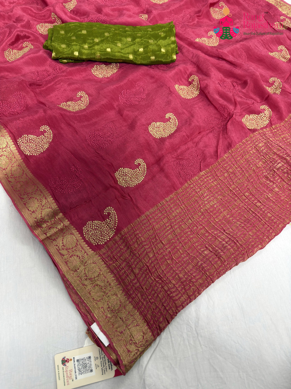 pink chinnon zari embroidery saree for bridal wear by Rang Rajasthani