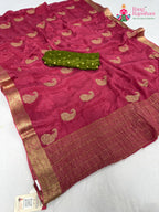 pallu detailing of pink chinnon zari embroidery saree