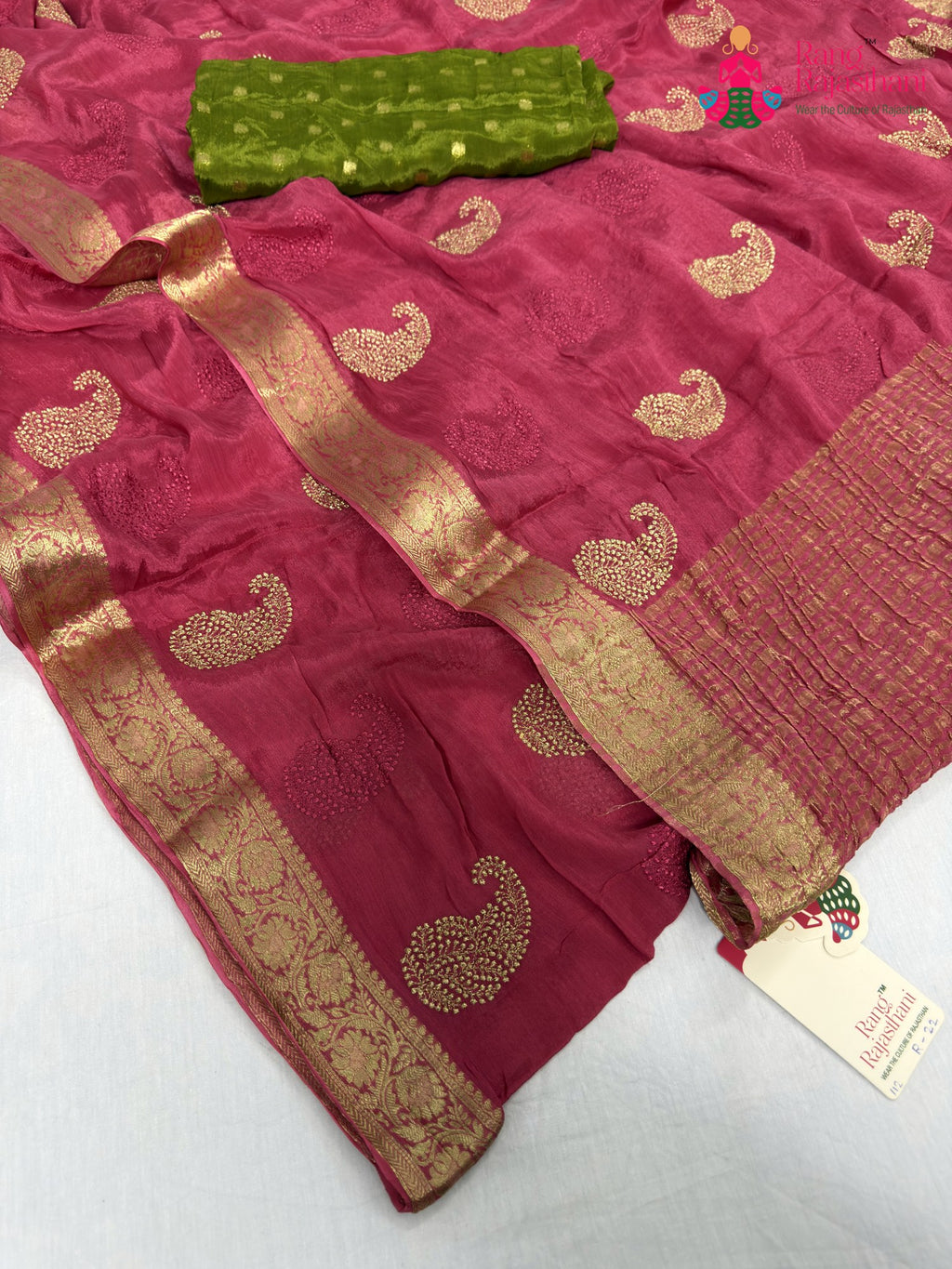 complete look of pink chinnon zari embroidery saree