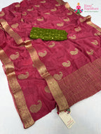 border detailing of pink chinnon zari embroidery saree