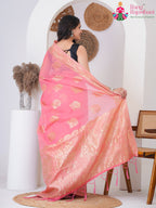 Pink Cotton saree with Printed back view