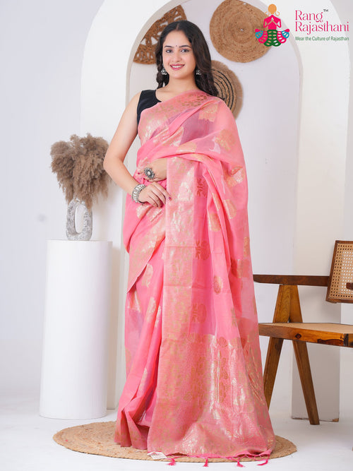 Pink Cotton Silk Woven Saree : All Over Weaving Border main-image