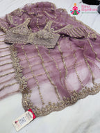 complete look of pink net sequin saree 