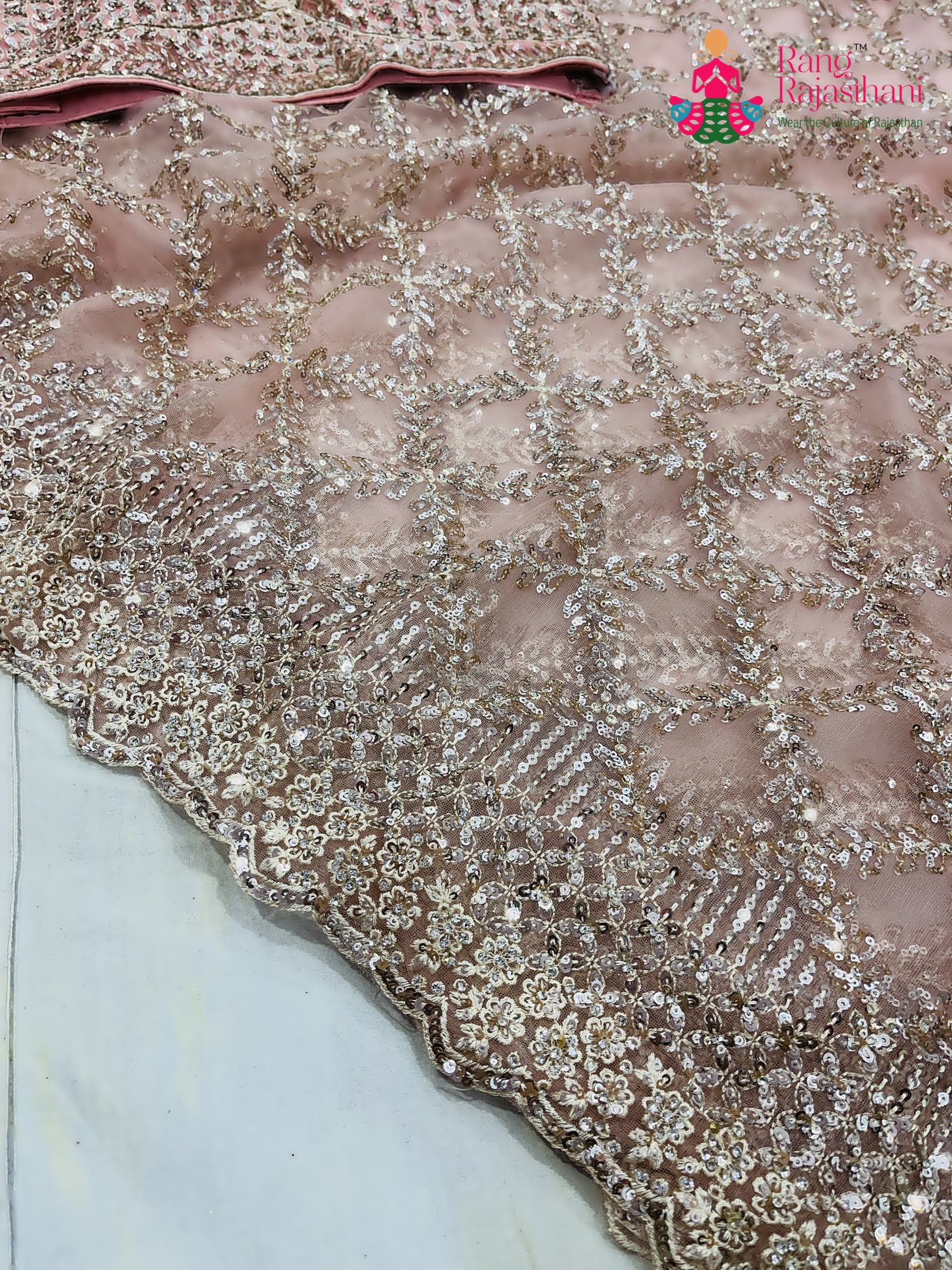 close up detailing of pink net sequin saree 