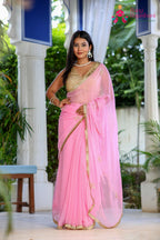 Pink Pure Chiffon Rajputi Aari Tari Saree for Red Puja Sarees | Festive Edit