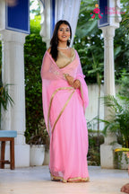 Pink Pure Chiffon Rajputi Aari Tari Saree for Red Puja Sarees | Festive Edit