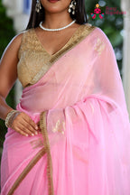 Pink Pure Chiffon Rajputi Aari Tari Saree for Red Puja Sarees | Festive Edit