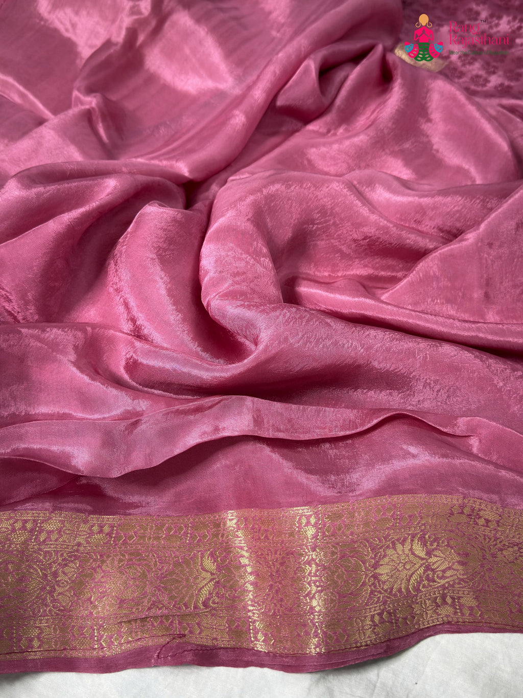 close up detailing of pink pure russian silk banarasi zari weave saree