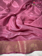 close up detailing of pink pure russian silk banarasi zari weave saree