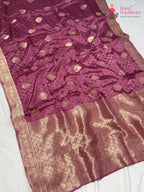 pallu detailing of pink pure russian silk banarasi zari weave saree