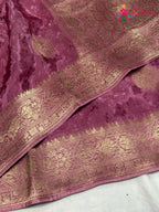 close up view of pink pure russian silk banarasi zari weave saree