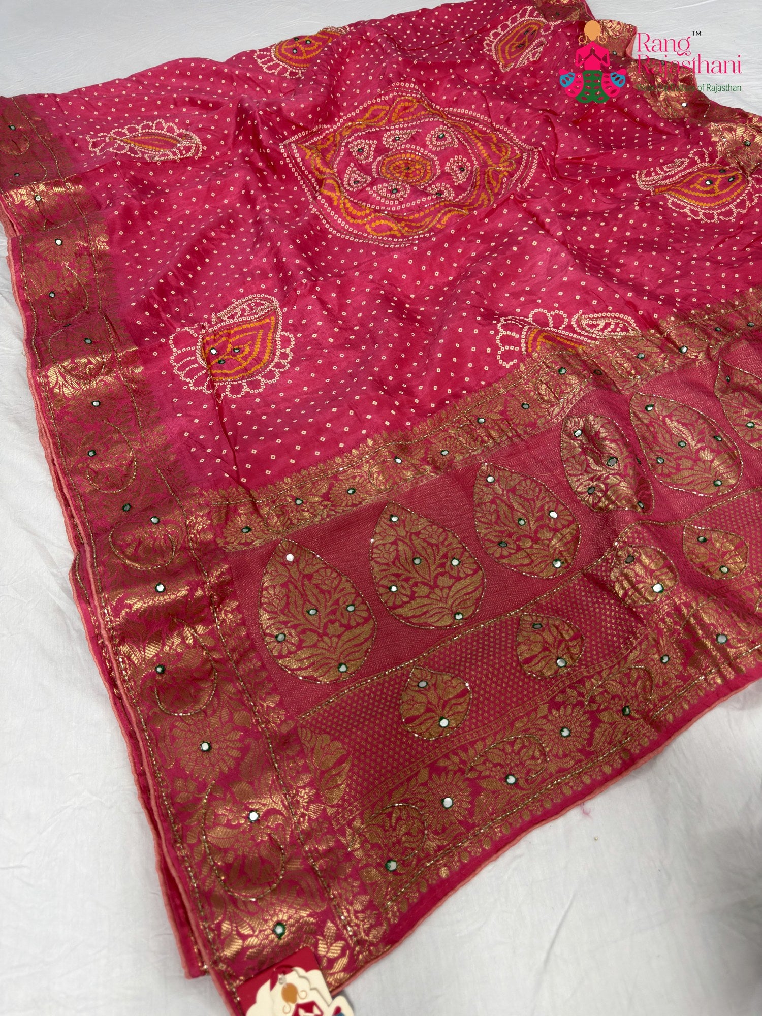 pink pure russian silk bandhani saree for mayra ceremony by Rang Rajasthani
