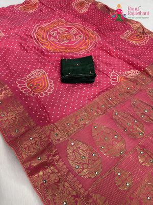 Pink Pure Russian Silk Bandhani Chunri Saree for Mayra Ceremony | Statement Drape