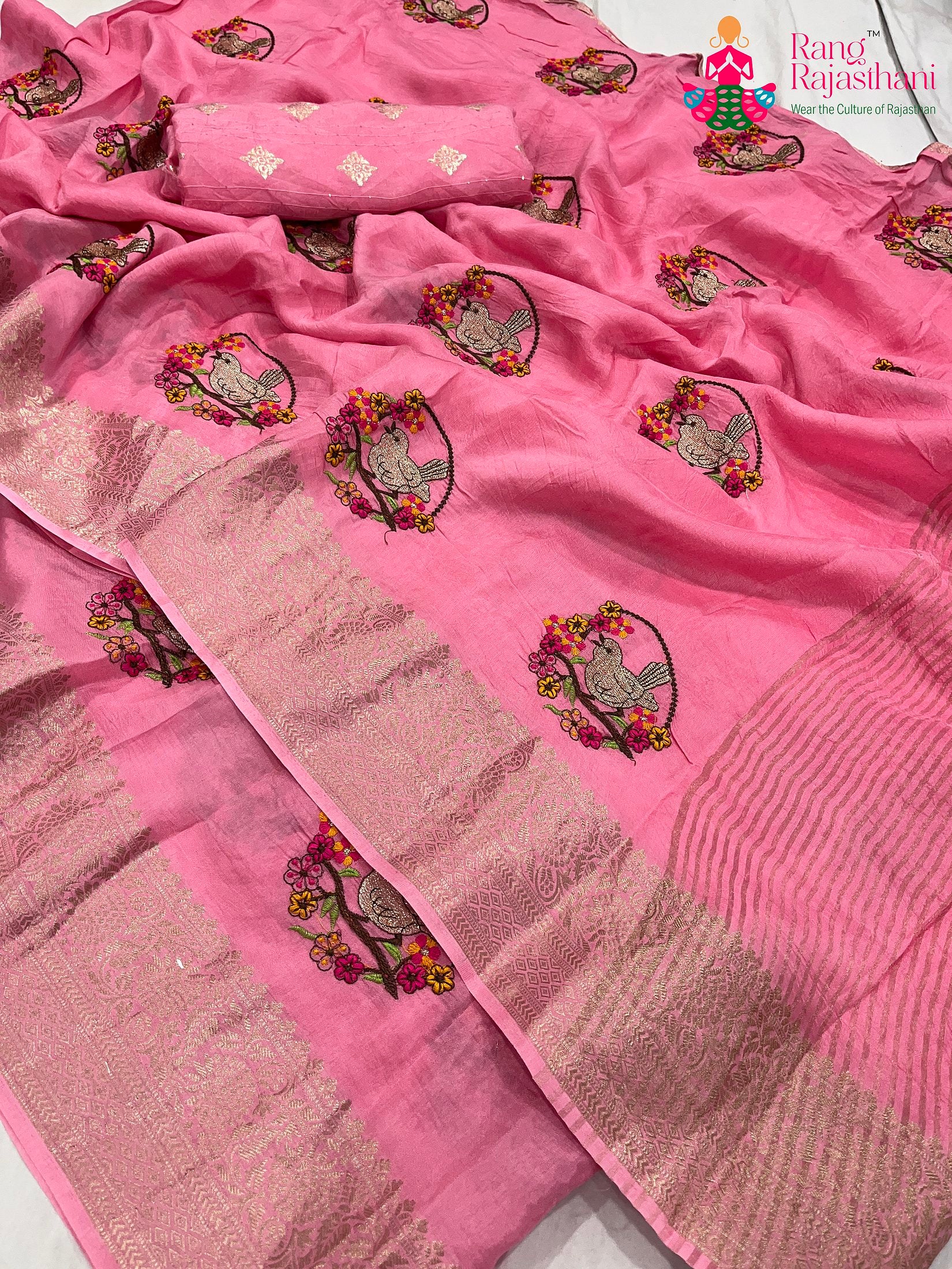 Pink Pure Russian Silk Resham Embroidery Saree : Gentle Glow