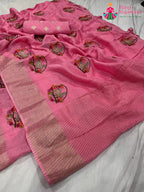 complete look of pink pure Russian silk resham embroidery saree 