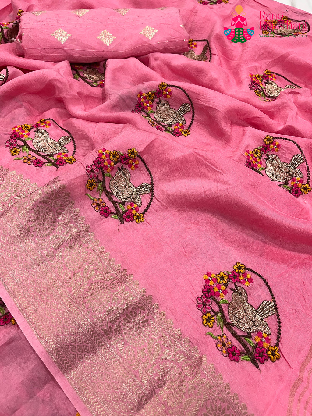 close up detailing of pink pure Russian silk resham embroidery saree 