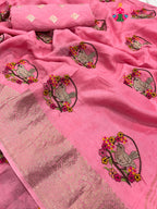 close up detailing of pink pure Russian silk resham embroidery saree 
