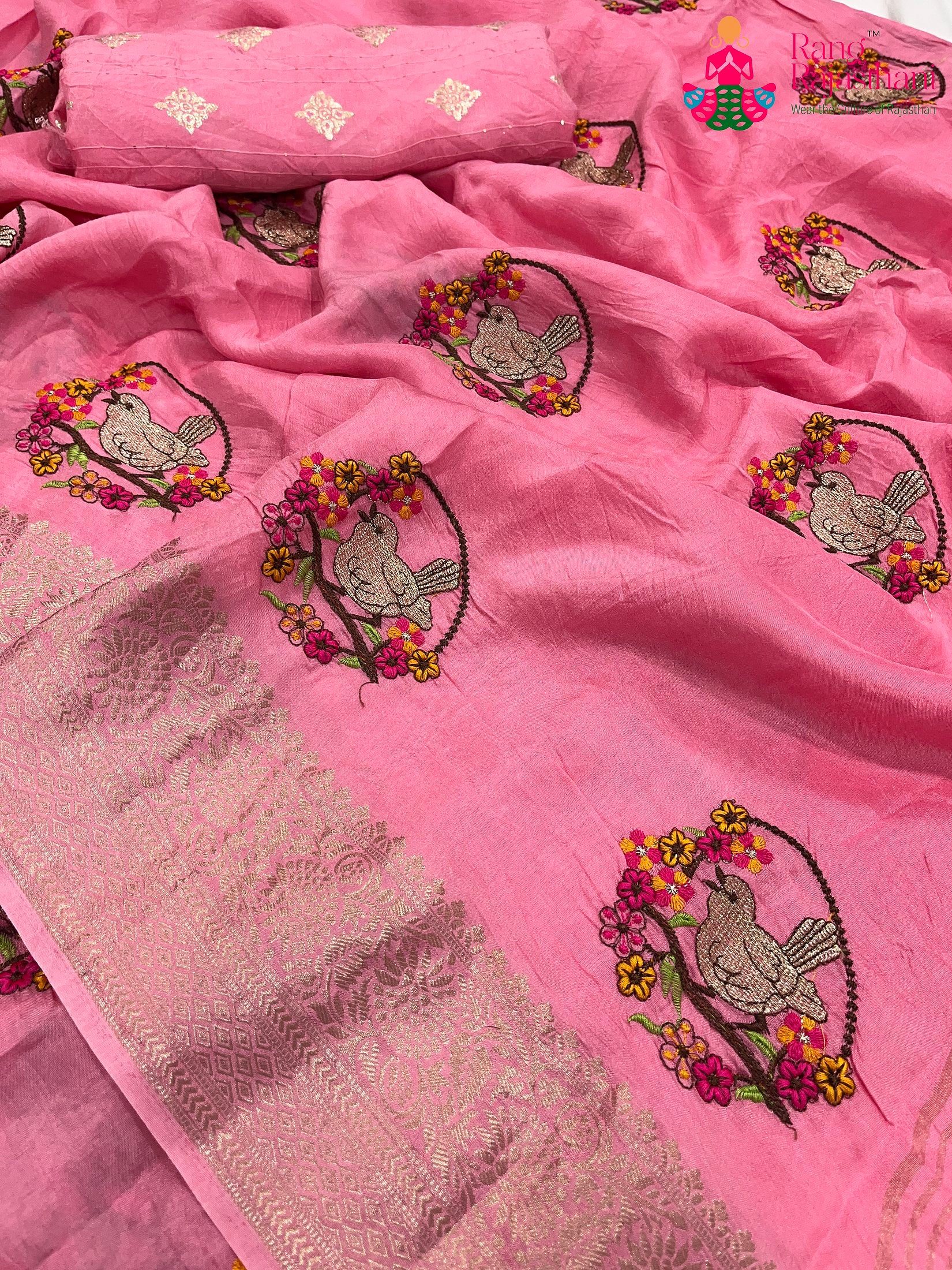 Pink Pure Russian Silk Resham Embroidery Saree : Gentle Glow