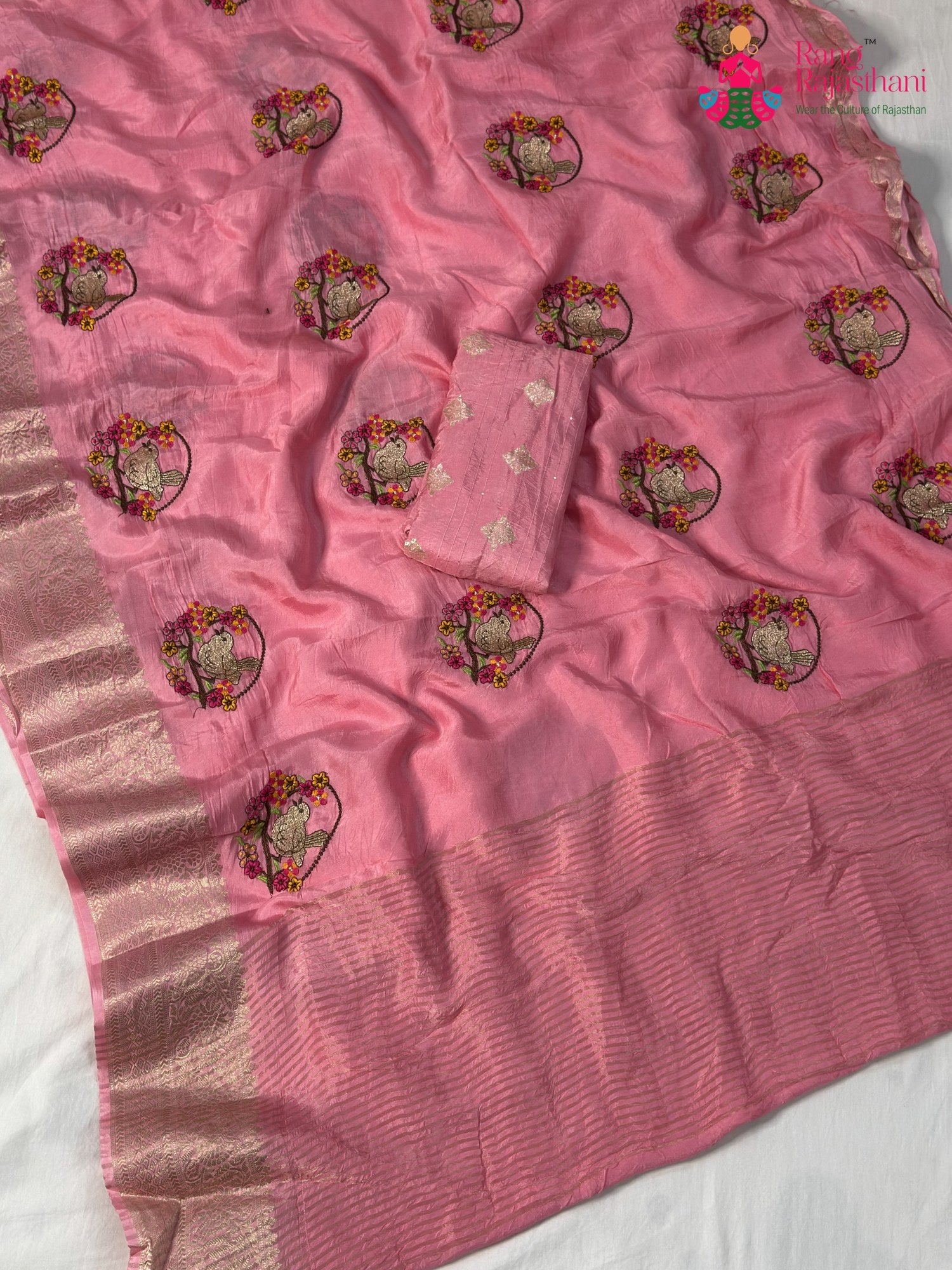 Pink Pure Russian Silk Resham Embroidery Saree for Wedding Guest | Curated Edit