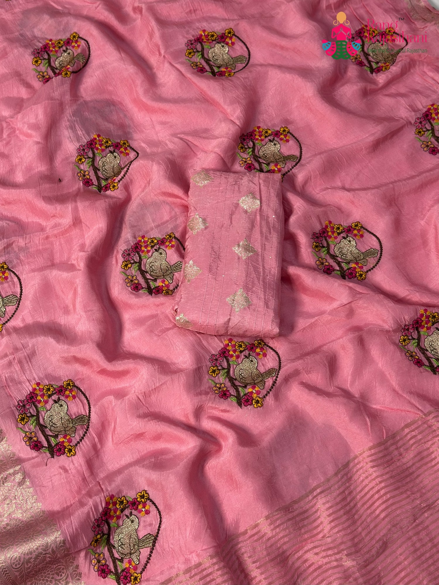 Pink Pure Russian Silk Resham Embroidery Saree for Wedding Guest | Curated Edit