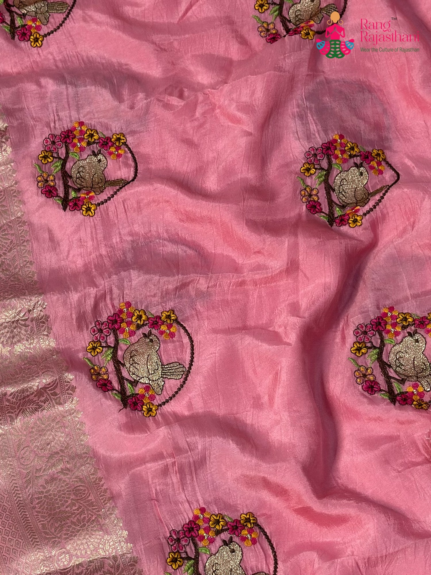 Pink Pure Russian Silk Resham Embroidery Saree for Wedding Guest | Curated Edit