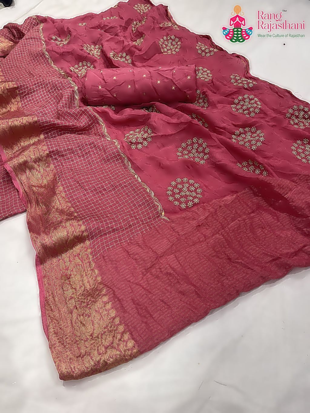 pink pure silk zari embroidery saree for festive celebration by Rang Rajasthani