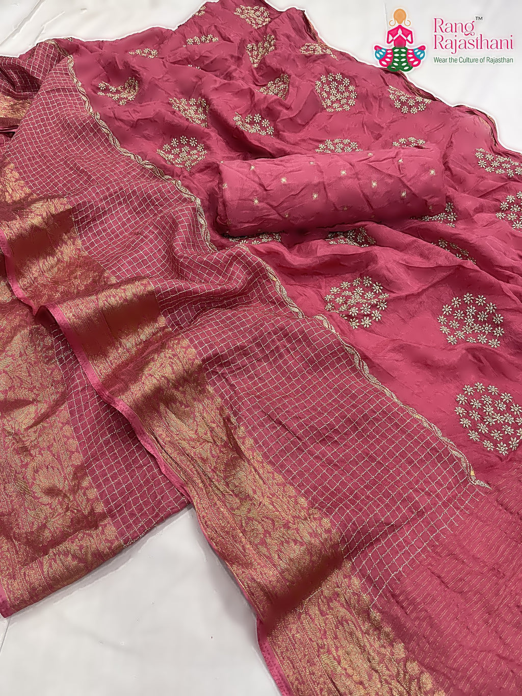complete look of pink pure silk zari embroidery saree 