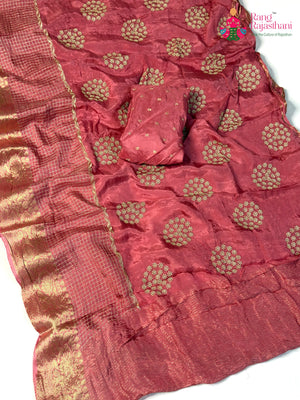 Pink Pure Russian Silk Zari Embroidery Saree for Festive Celebration | Best Seller