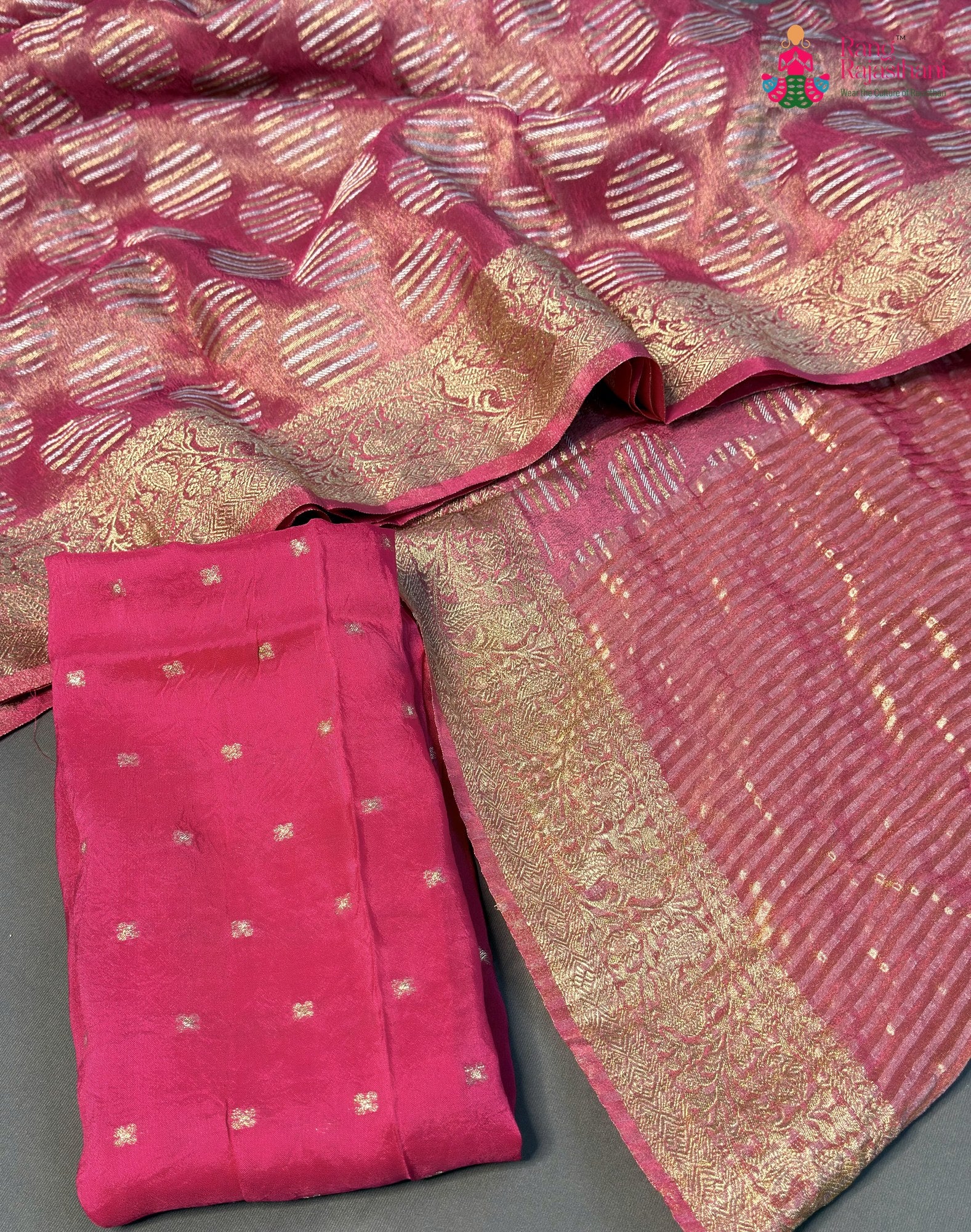 border detailing of pink pure tissue silk banarasi zari weave saree