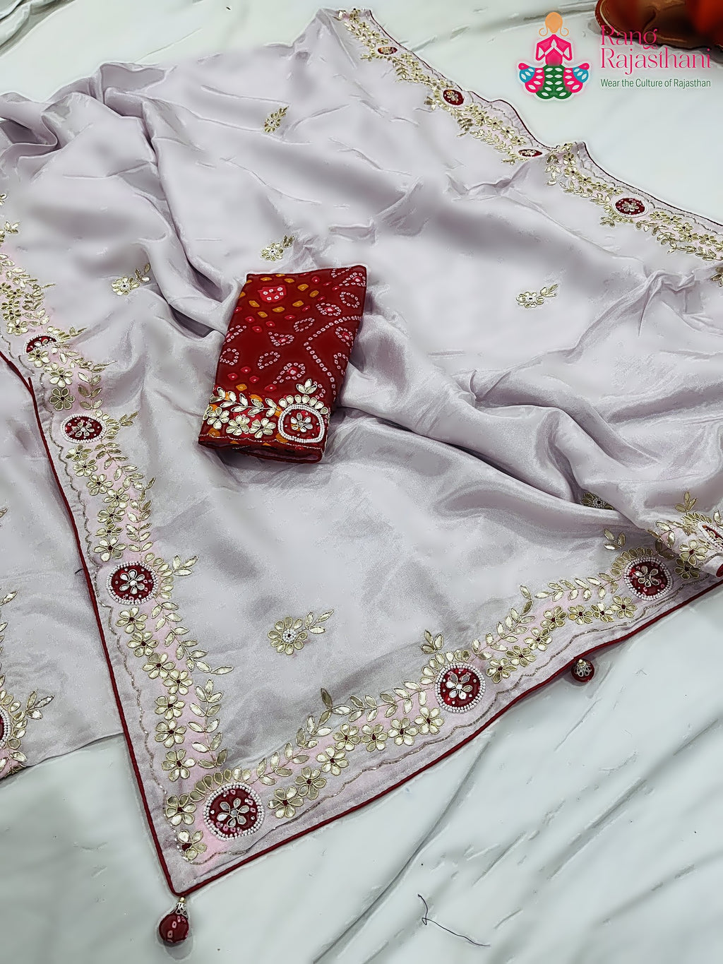 pink pure tissue silk gota patti saree for wedding guest wear by Rang Rajasthani
