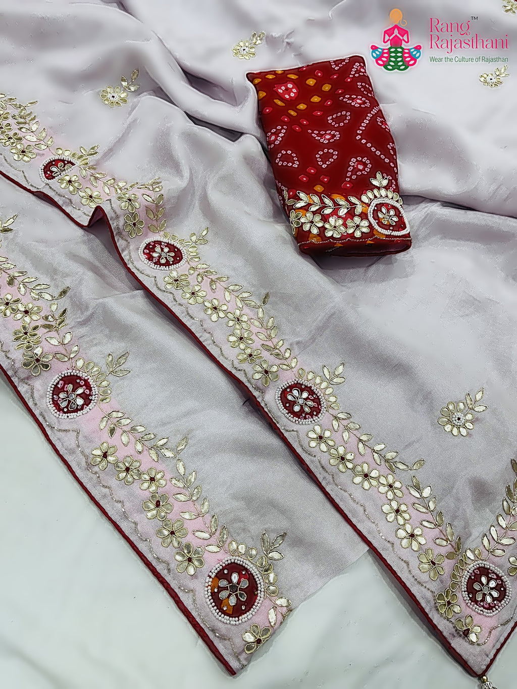 border detailing of pink pure tissue silk gota patti saree 