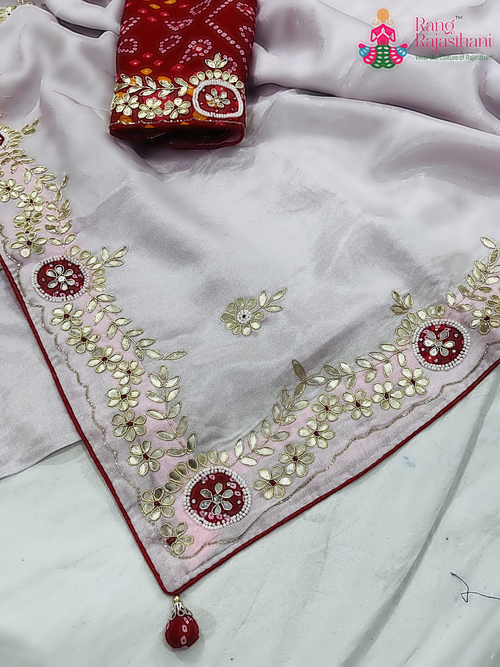 pallu detailing of pink pure tissue silk gota patti saree 