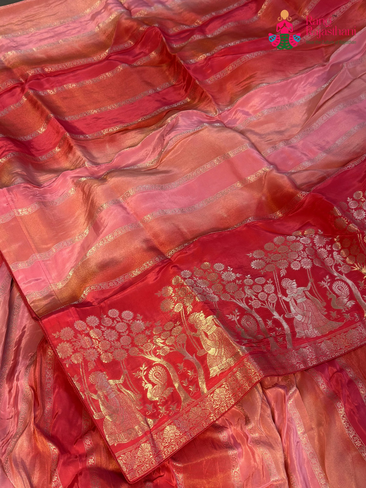 chunni detail of pink silk banarasi zari weave saree