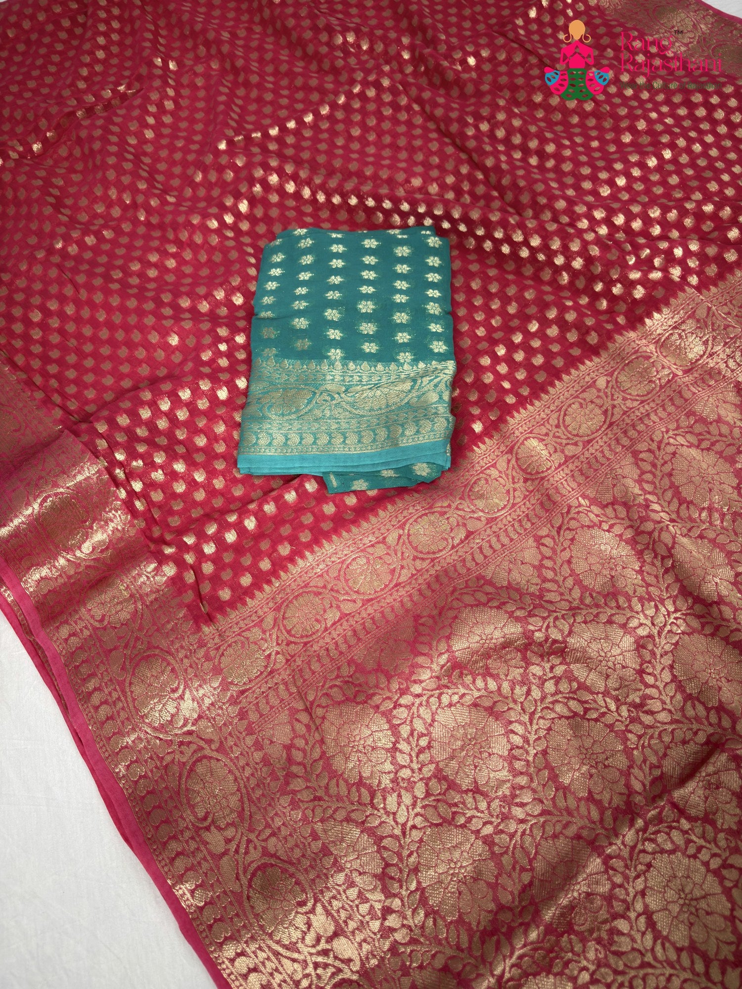 close up detailing of pink soft georgette banarasi zari weave saree