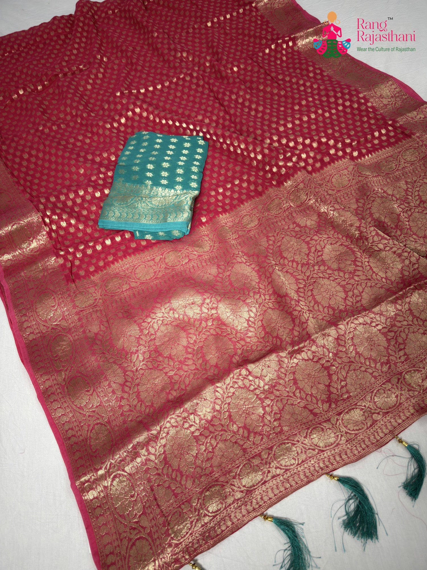 complete look of pink soft georgette banarasi zari weave saree