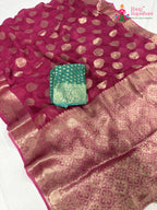 pallu detailing of pink soft georgette banarasi zari weave saree