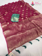 close up detailing of pink soft georgette banarasi zari weave saree